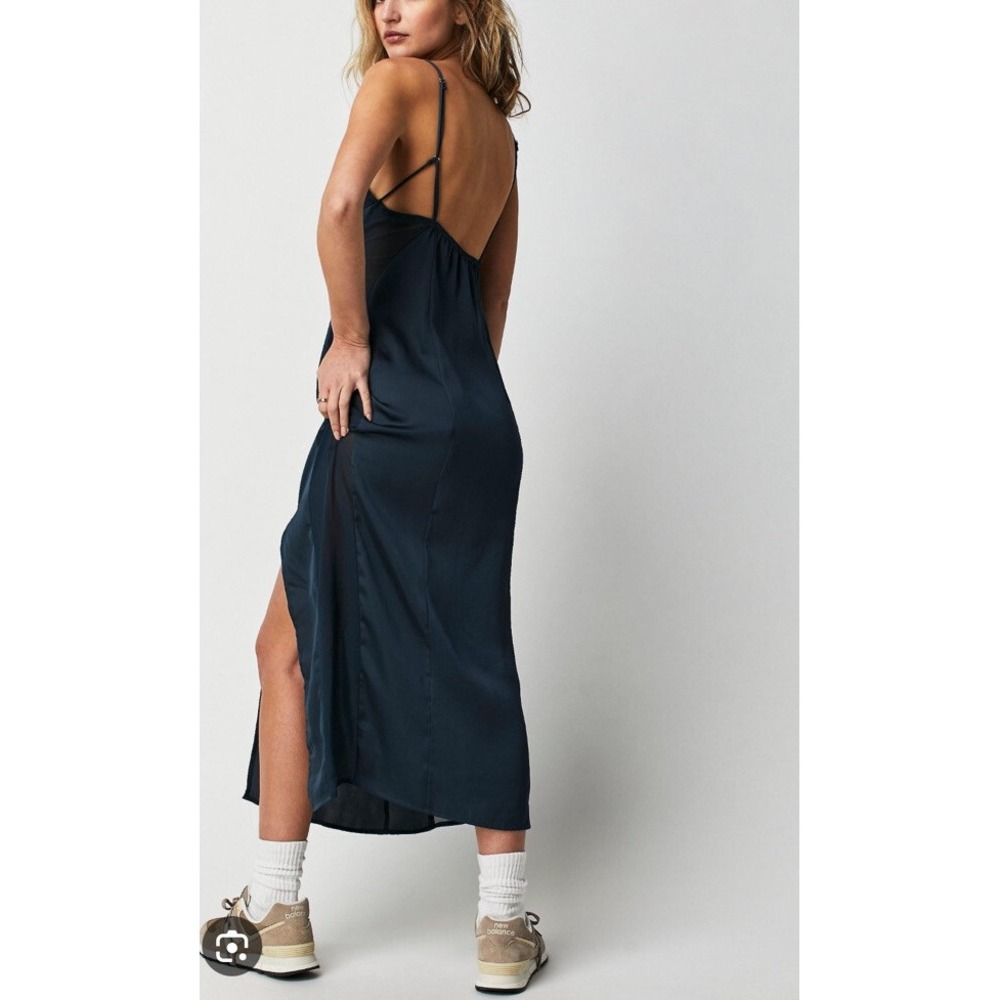 Intimately Free People Navy Blue Satin Mesh Panel Midi Slip Dress Size XL